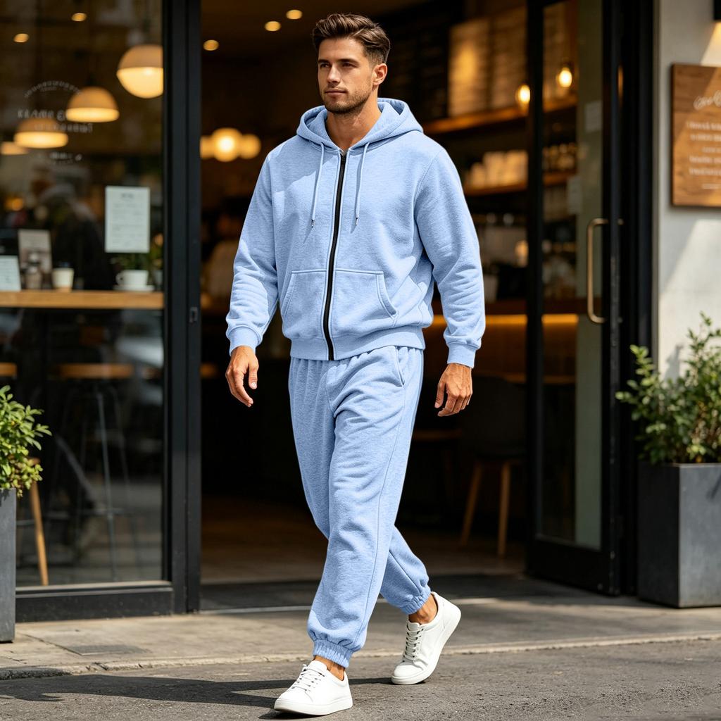 Men's Multi-Pocket Zip-Up Hooded Sweatshirt and Pants Set Athletic Tracksuit