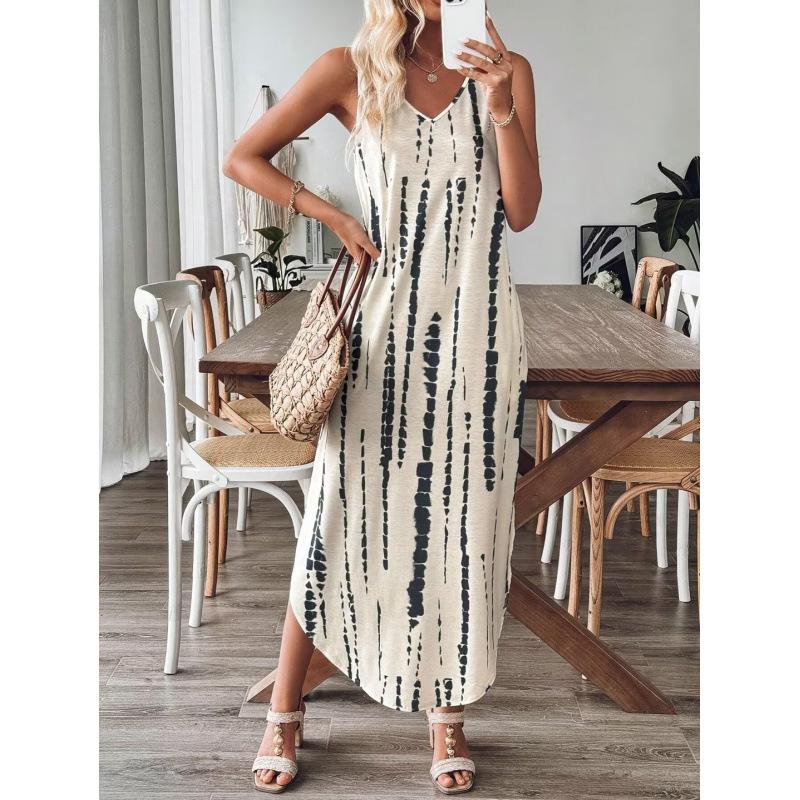 European and American women s clothing explosive new printed sleeveless V-neck split European and American dress S