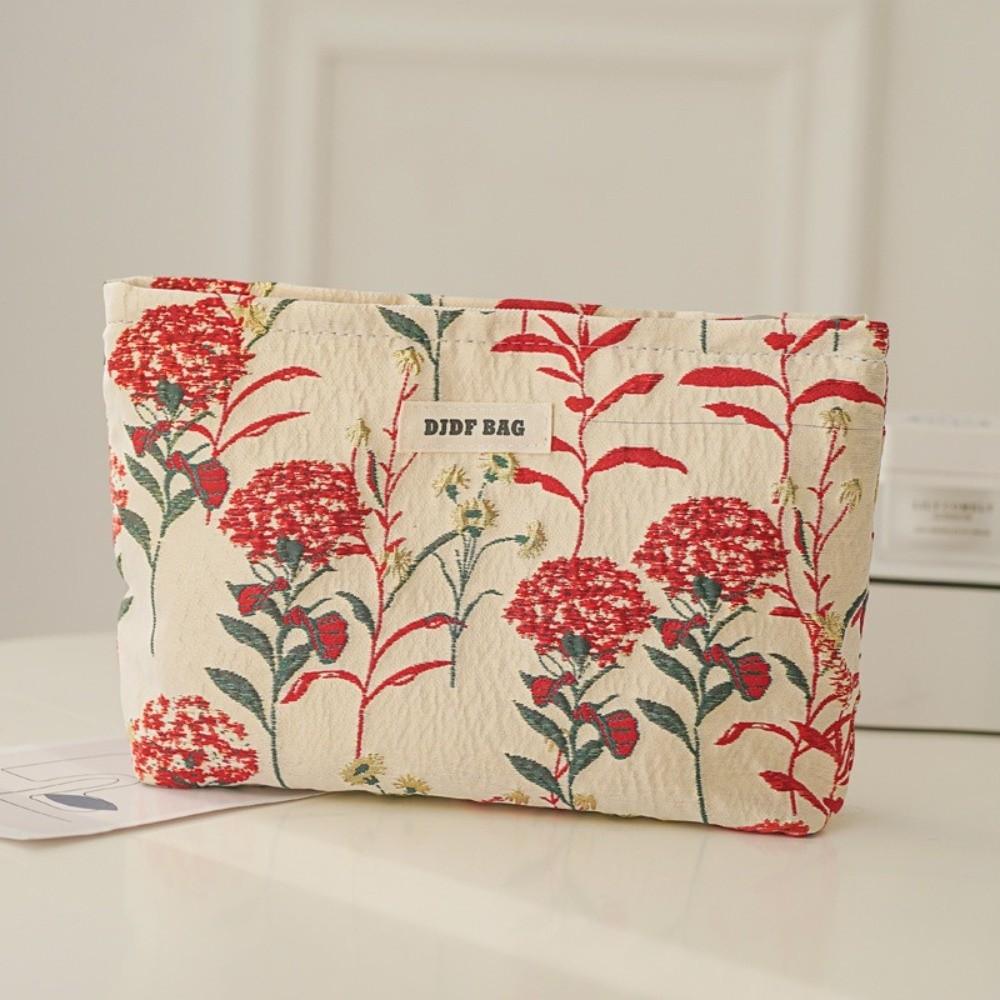 Fashion Large Capacity Makeup Bag Cream Color Zipper Cosmetic Bag Floral Embroidered Toiletries Skincare Storage Bag Women