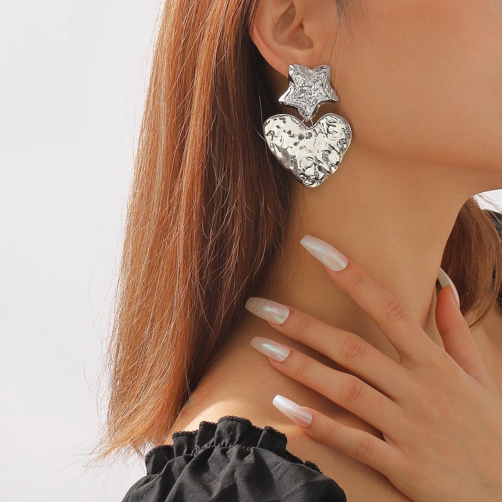 Women Fashion European American Retro Heart Dangle Earrings Star Irregular Tin Foil Surface Creative Punk Elegant Ear Jewelry