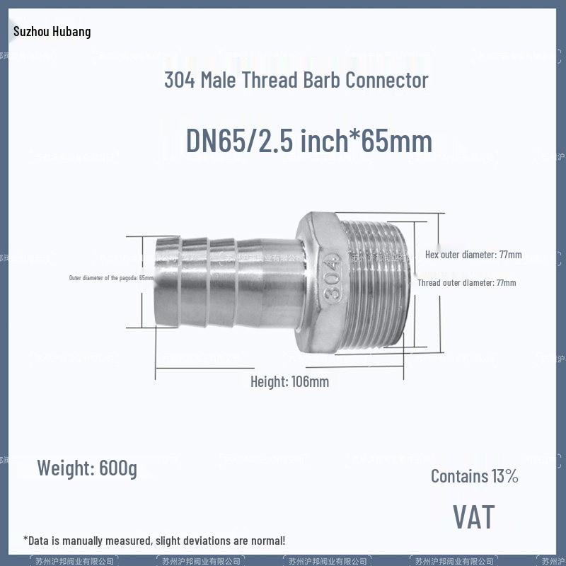 1" Hexagonal Barb Connector, 304 Stainless Steel for Water Pipe Hose, 316 Male Thread Plug