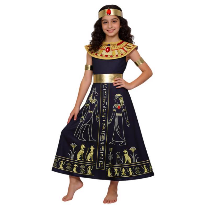 Ägyptisches Königinnenkostüm für Kinder mit Kleid, Kopfschmuck und Zubehör für Halloween und Rollenspiele