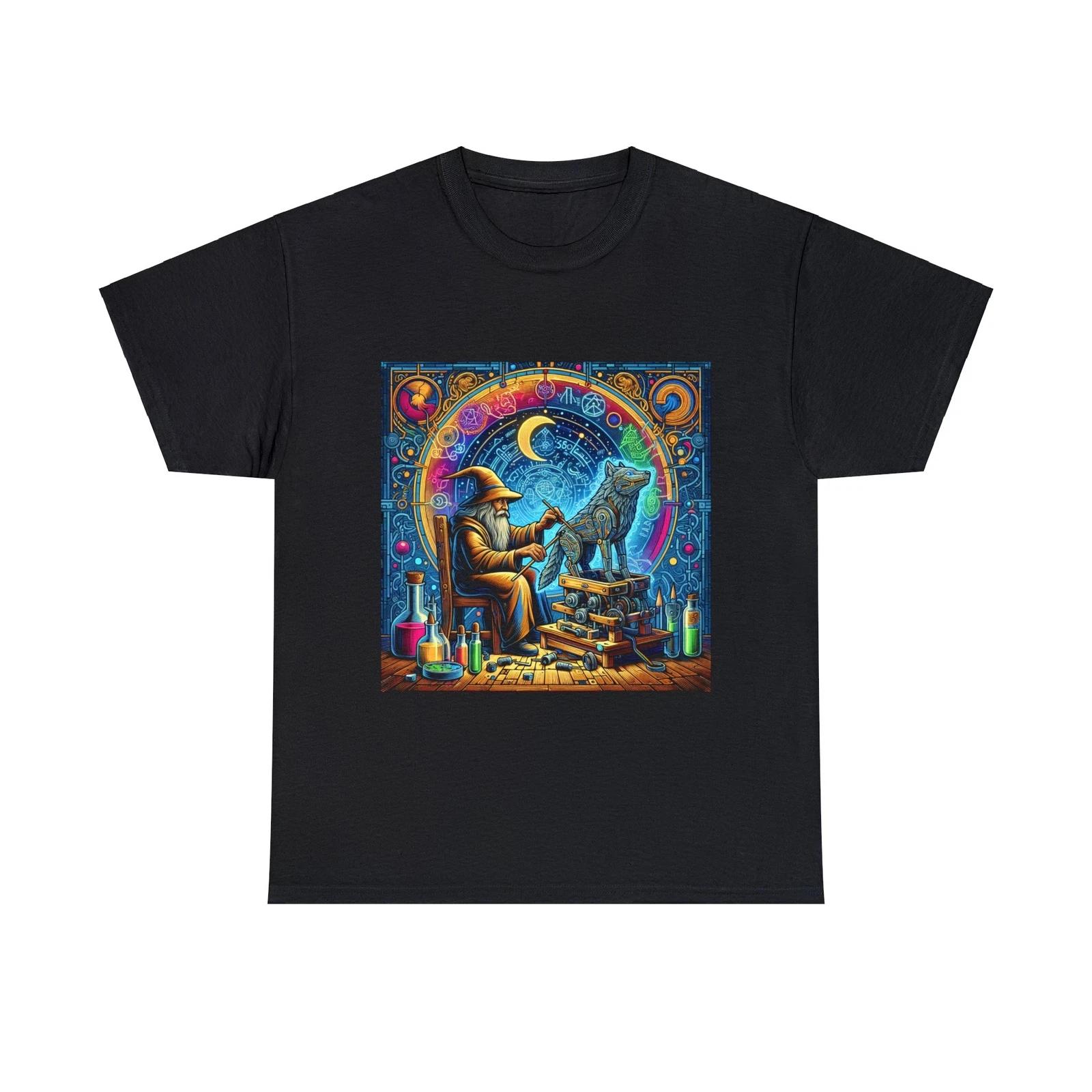 Unisex Adult T Shirt - Wizard Alchemy Astrology Mechanical Wolf Art Mystic weird S