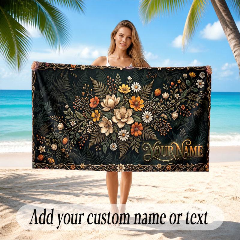 Floral Garden Theme Soft Beach Towel Personalized Custom Name Text Towel Portable for Beach Pool Travel