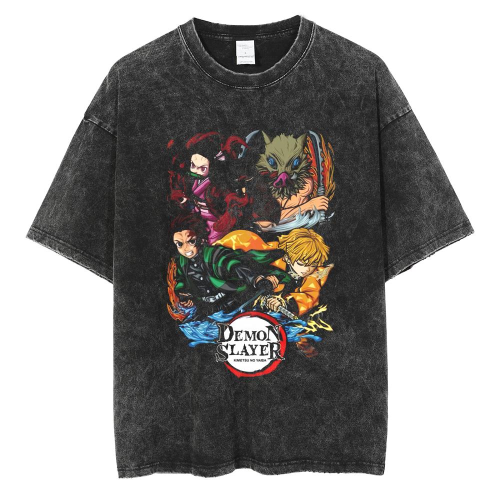Anime Demon Slayer Nezuko Zenitsu Tanjirou Inosuke Print T-shirt Men Manga Cotton Tshirts Retro Washed T Shirt Harajuku Male Top