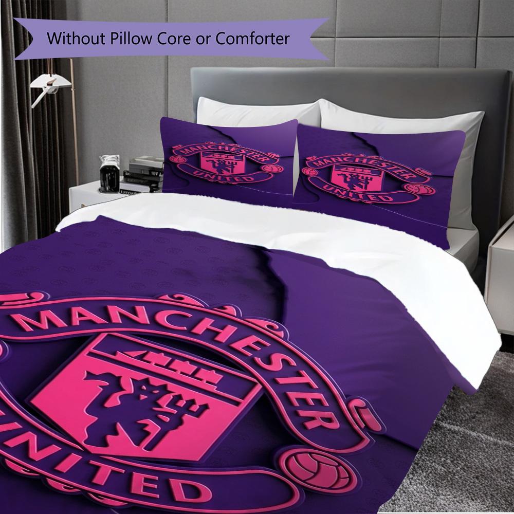 Manchester emblem purple background Bedding (1 * duvet cover + 2 * pillowcase, without core) 2D Flat Soft and comfortable Christmas birthday gift