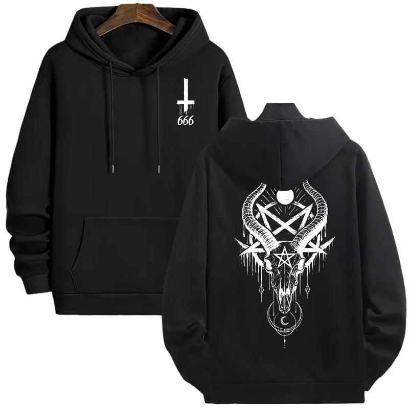 Men's Gothic Hoodies Demonic Horror Face Print Sweatshirt Streetwear Autumn Winter Male Top Casual Pullover 666 & Inverted Cross