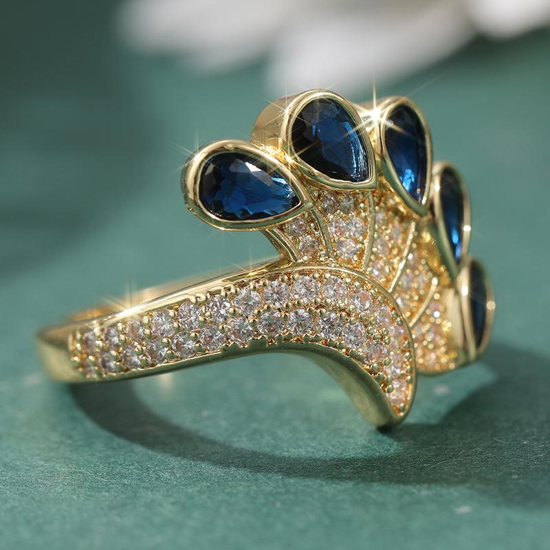 Gorgeous Micro Pave White Blue CZ Women's Ring Aesthetic Gold Color Water Droplet Daily Wear Party Jewelry Anniversary Gift