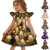Girls Halloween Dress Flutter Sleeve Ghost Print Patchwork Skater Dress Kids Casual Party Dress with Round Neck and Short Sleeves