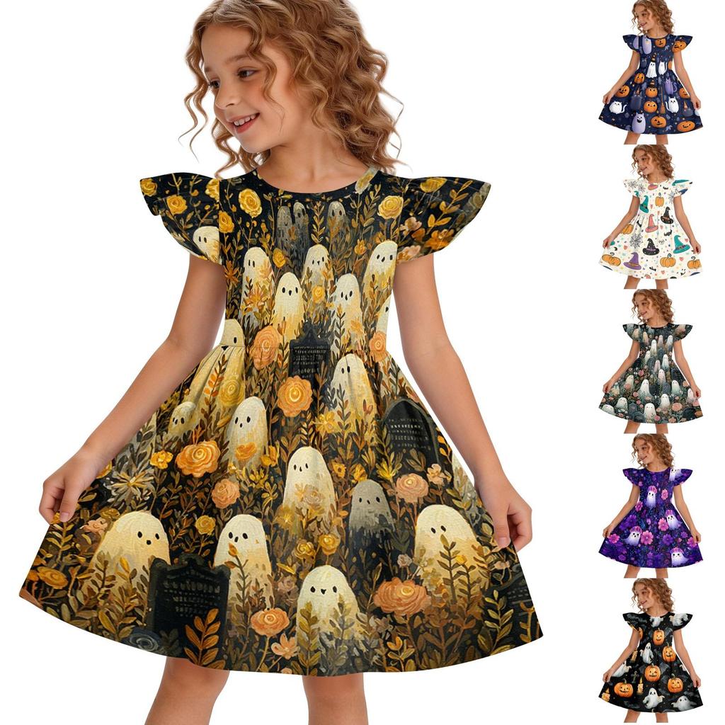 Girls Halloween Dress Flutter Sleeve Ghost Print Patchwork Skater Dress Kids Casual Party Dress with Round Neck and Short Sleeves