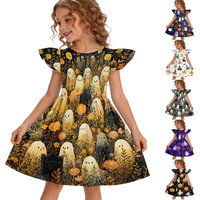Girls Halloween Dress Flutter Sleeve Ghost Print Patchwork Skater Dress Kids Casual Party Dress with Round Neck and Short Sleeves