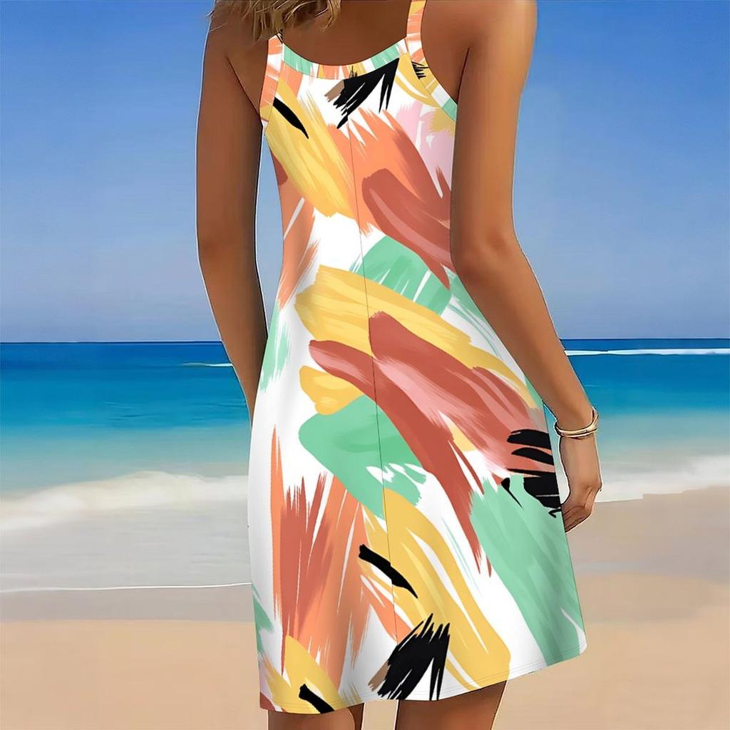 Damen Übergröße Ärmellos Rundhals Strandkleid Lebendiger Tropischer Pflanzenblumen-Print Unregelmäßiger Saum Locker Sommerkleid