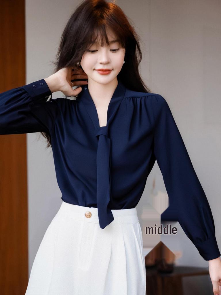 Rong Tai Women's Elegant French Ribbon Long Sleeve V-Neck Chic Shirt - Spring 2026 Collection