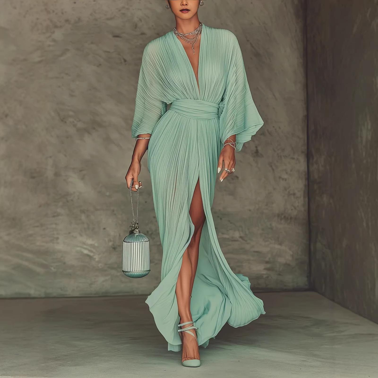 2026 European and American women s clothing, fashion dress pleated evening dress elegant pleated dress skirt S светло-зеленый