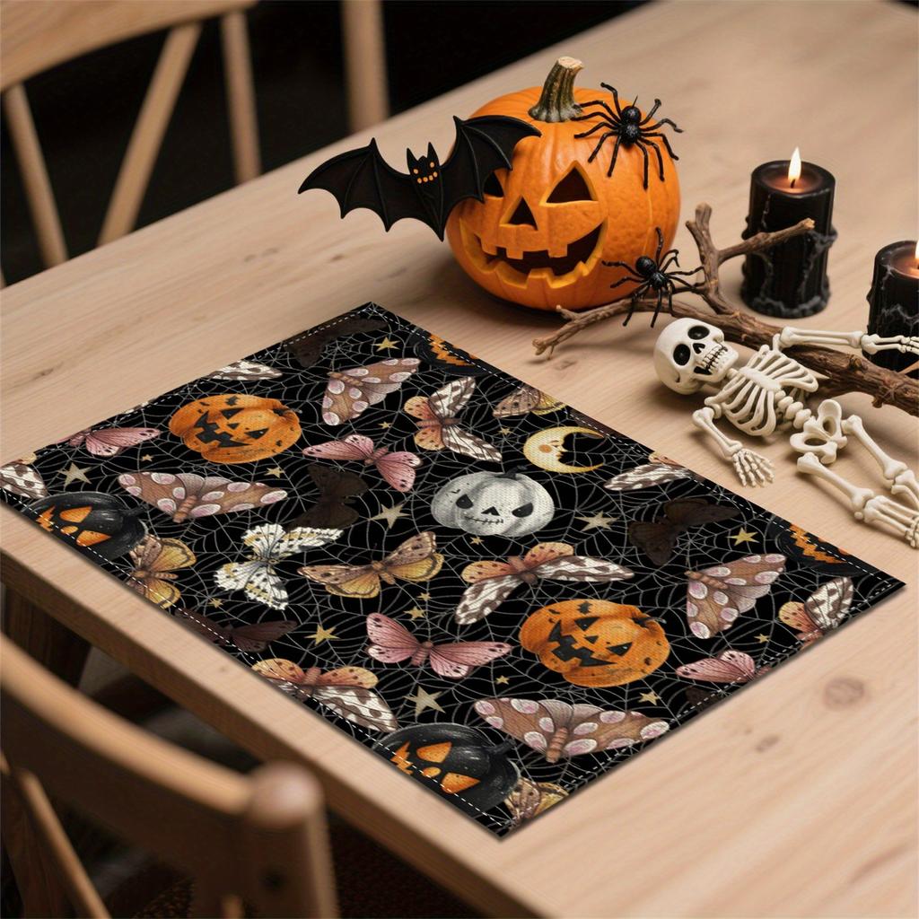 4/6pcs Halloween Spider Web & Jack-O'-Lantern Placemats - 11.8x15.7 Inches, Polyester, Hand Wash Only, Festive Pumpkin, Bat