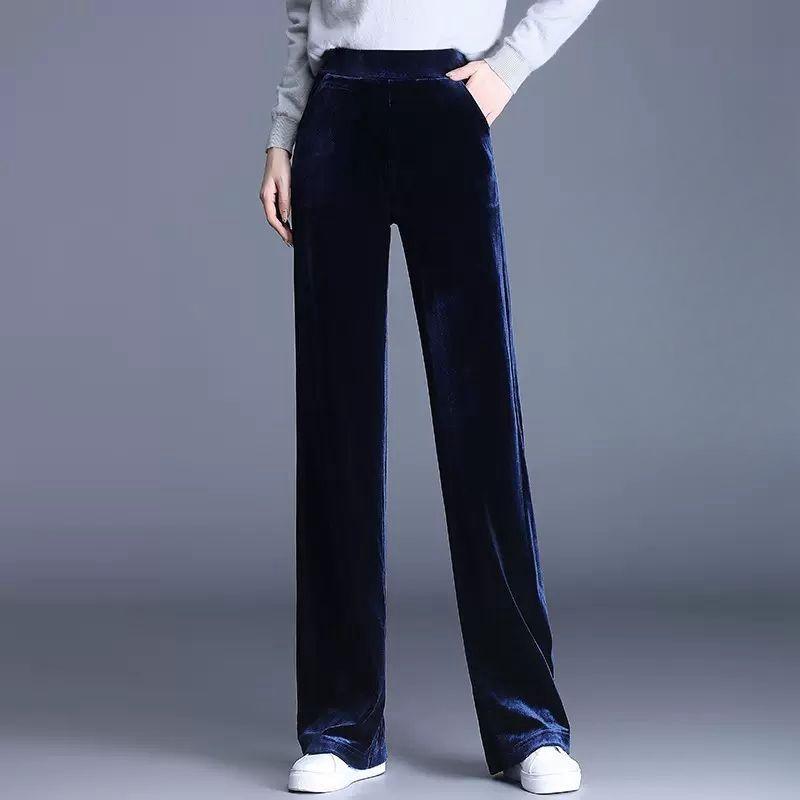 Golden Velvet Wide Legged Pants  Spring and Autumn High Waist Hanging Good Casual Pants Blue Loose Straight Women's Pants