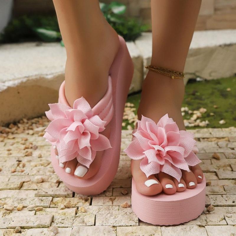 Women's Handmade Flower Decorated Flip Flops Slippers for Beach Vacation Casual Comfortable Flat Sandals Red Shoes