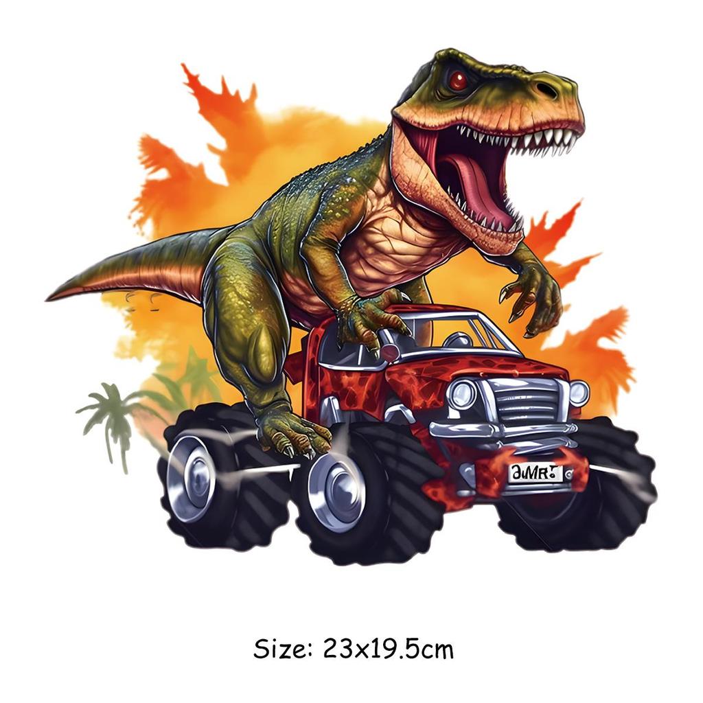 Dinosaurlapper Cartoon Truck Varmeklebende overføring Kunst Håndverk Strykeklær Applikert gjør-det-selv-tilbehør Strykelapper Dyr