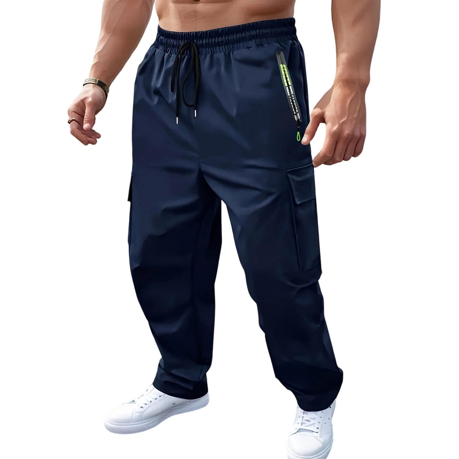 

Mens Casual Cargo Pants with Zipper Pockets Drawstring Waist Multi Pocket Loose Fit Breathable Athletic Workout Trousers XL