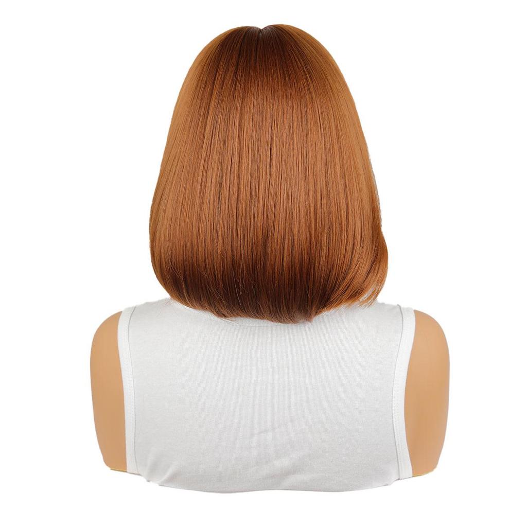 European & American Brown Bob Wig with Bangs - Short Straight Synthetic Hair