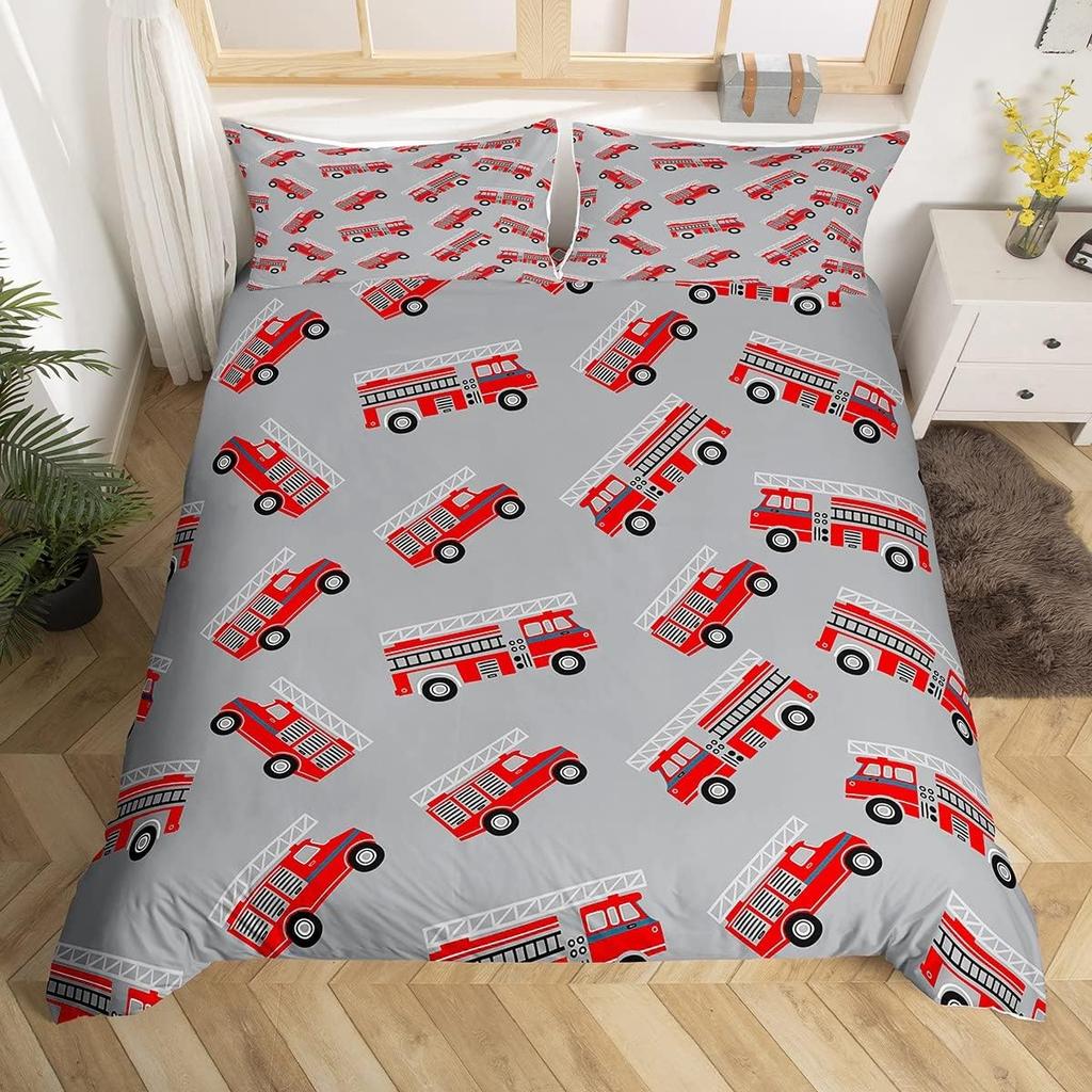 Comforter Fire Truck For Kids Boys Fire Engine Vehicle Extinguisher Fire Hydrant Print Bedding Set Microfiber Twin