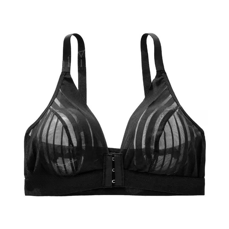 Tessuto a rete a righe, Reggiseno da donna, Intreccio in pizzo, Trasparente, Taglio sottile, Senza ferretto, Reggiseno push-up con chiusura anteriore