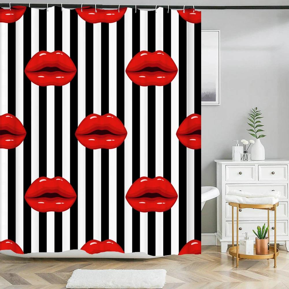 Love Heart Shower Curtain Romantic Red Pink Sexy Lips Waterproof Print Heart Pattern Bathroom Bathtud Decor Fabric With Hooks