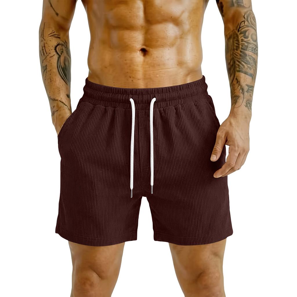 Men Corduroy Casual Shorts Elastic Waist Drawstring Loose Fit Outdoor Sports Beach Shorts with Pockets for Summer