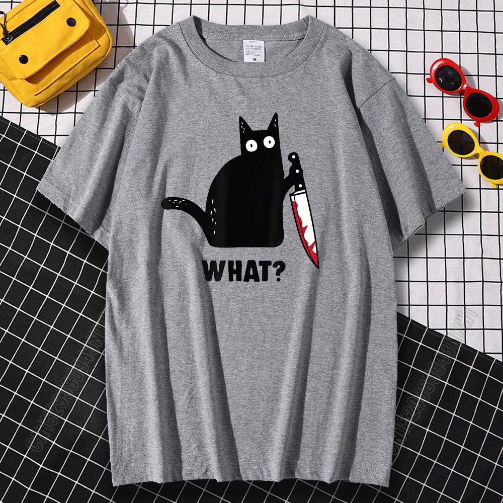 Cat What T Shirt Murderous Cat With Knife Funny Halloween Gift Cotton High Quality Men's Oversized Novelty T-Shirt Women Tee