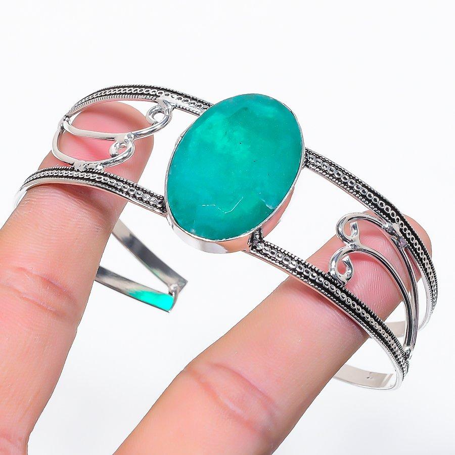 Emerald(Simulated) Gemstone 925 Sterling Silver Cuff Bangle Adj S5f37