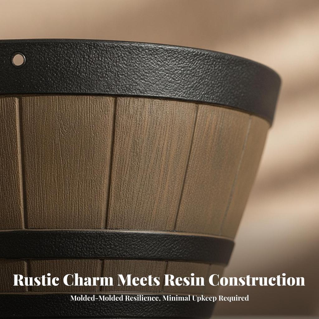 Hanging Planter with Wood Grain Farmhouse Barrel Resin for Patio, Garden