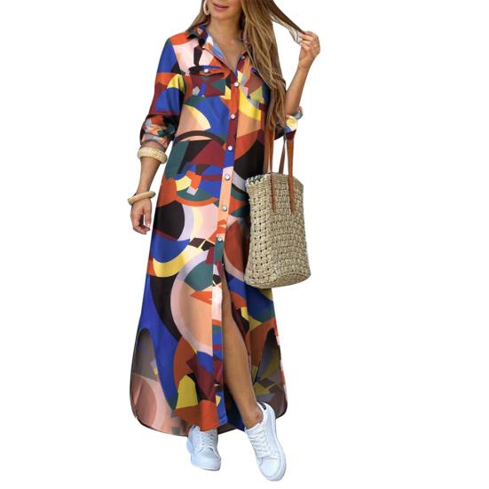 Fashion Women Long Sleeve Slitting Hem Pockets Single-breasted Maxi Shirt Dress