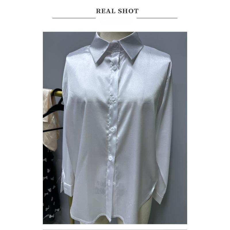 Women's Satin Shirt Simple V-neck Button Blouse Loose Long Sleeved Blouses & Shirts