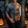 Men's Neck Halloween Print Raglan Sleeve Three-Quarter Length T-Shirt for Casual Wear