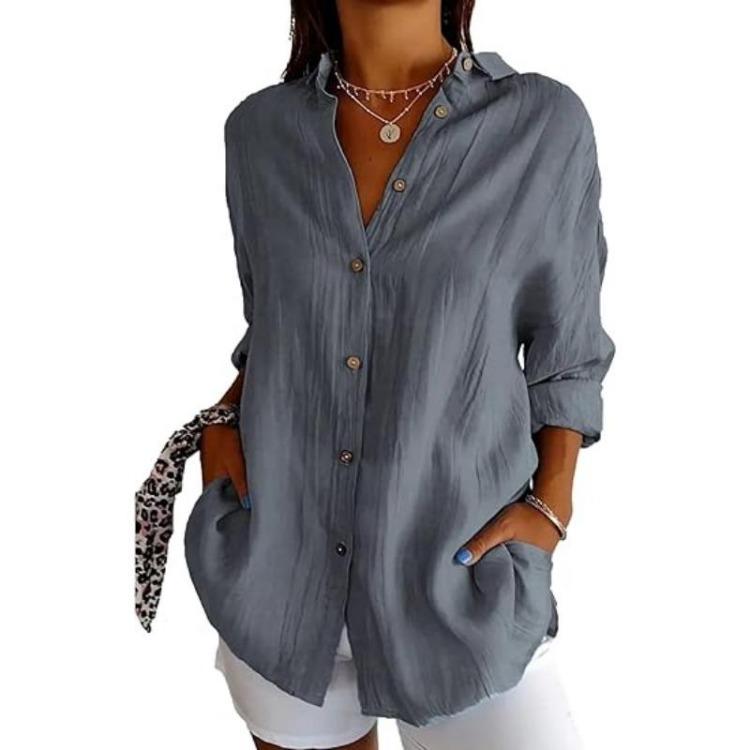 European Style Women Solid Pleated Shirt with Lapel and Roll Up Sleeves