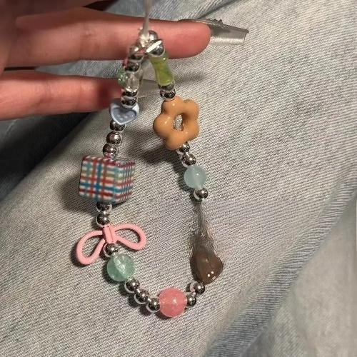

Aetsthetic Vintage Blue Brown Block Flower Phone Lanyard for CCD Camera Beaded Pendant Charm for Journal Card Album Decoration