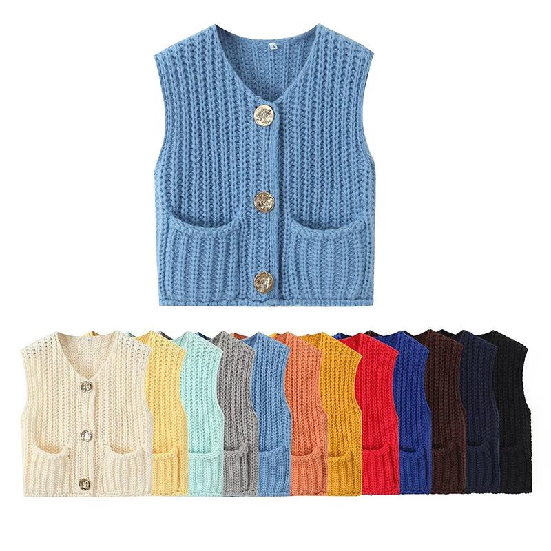 Women's Pocket Sleeveless Knitted Vest – 13 Colors, European & American Style, 2024 Spring & Autumn Collection