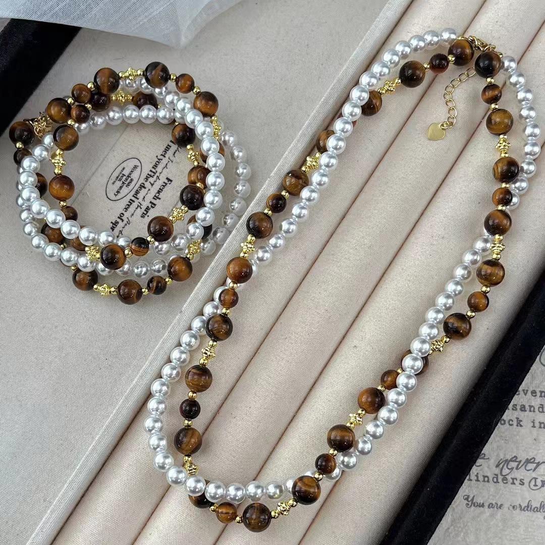 

Vintage High-Quality Natural Tiger S Eye Stone Artificial Australian White Pearl Double-Layer Removable Necklace Sweater Chain