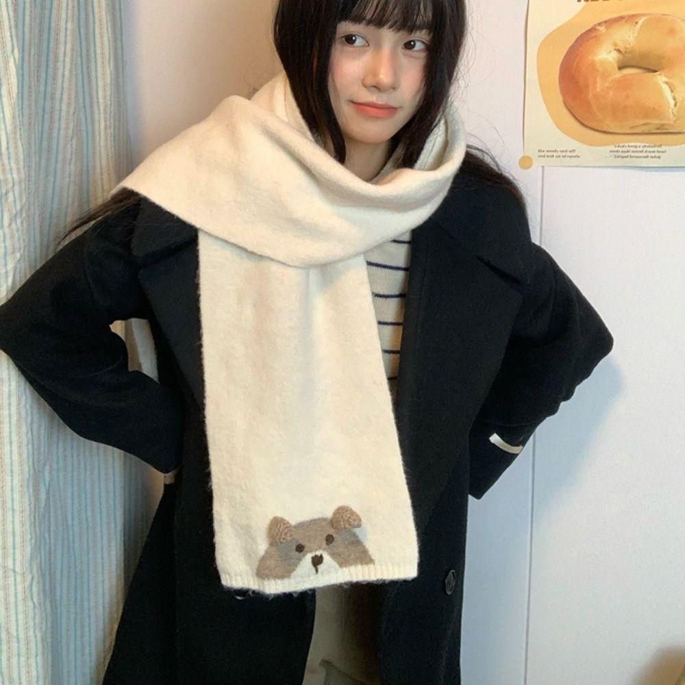 Colorful Cashmere Knitted Scarf Sweet Winter Neck Warmer Cartoon Embroidery Scarf  Autumn Winter