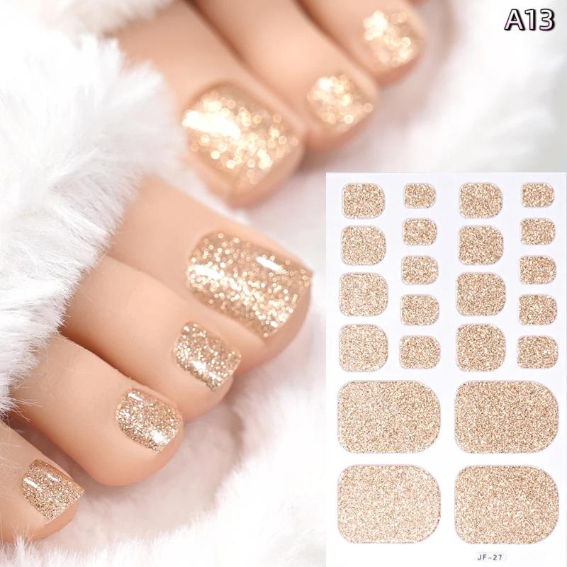 22Pcs/Sheet Toe Nail Sticker Wraps Baking Free Simple Solid Color Glitter Full Cover Toenail Polish Strips Waterproof
