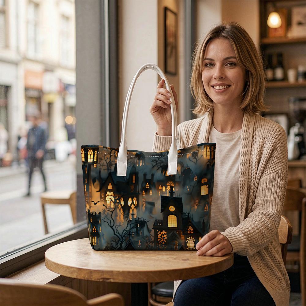 Halloween Spooky Castle Print Portable Tote Bag for Daily Shopping Use