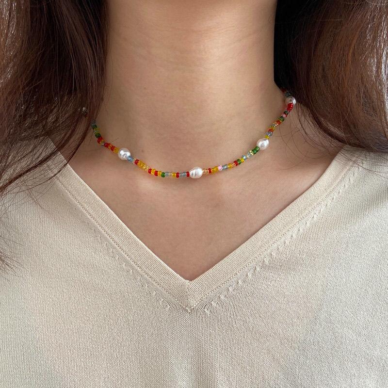 Handmade Transparent Beaded Rice Necklace - Short Korean Choker - New Trend, Fashionable Clavicle Chain