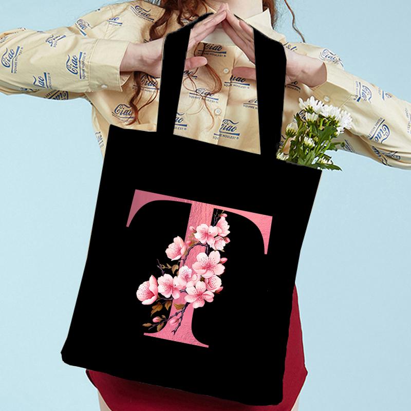 Pink Sakura Handbags Women Eco Reusable Tote Bag Cherry Blossom College Canvas Bag Vintage Sakura Alphabet Ladies Shoulder Bag