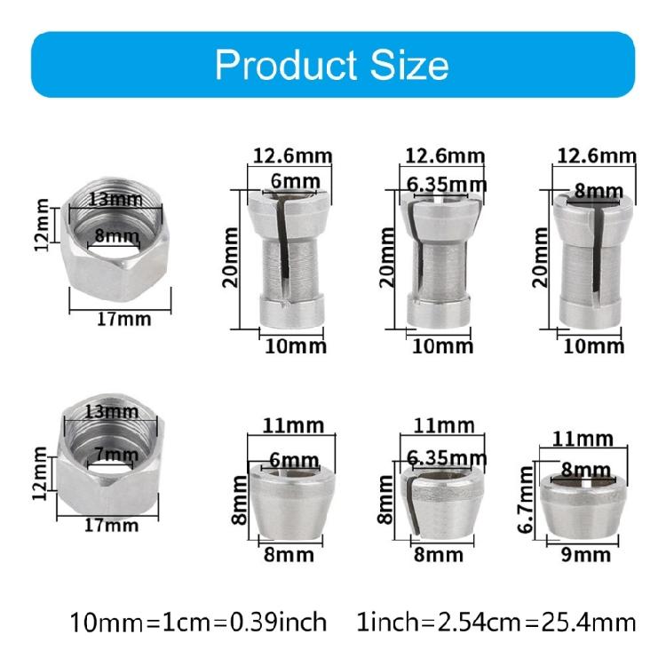 Adattatore Mandrino Fresatrice Installazione Rapida 6mm 6.35mm 8mm 8 Pezzi Pinze in Acciaio al Carbonio Adatte per la Maggior Parte degli Strumenti di Incisione e Rifilatura 6mm 8mm