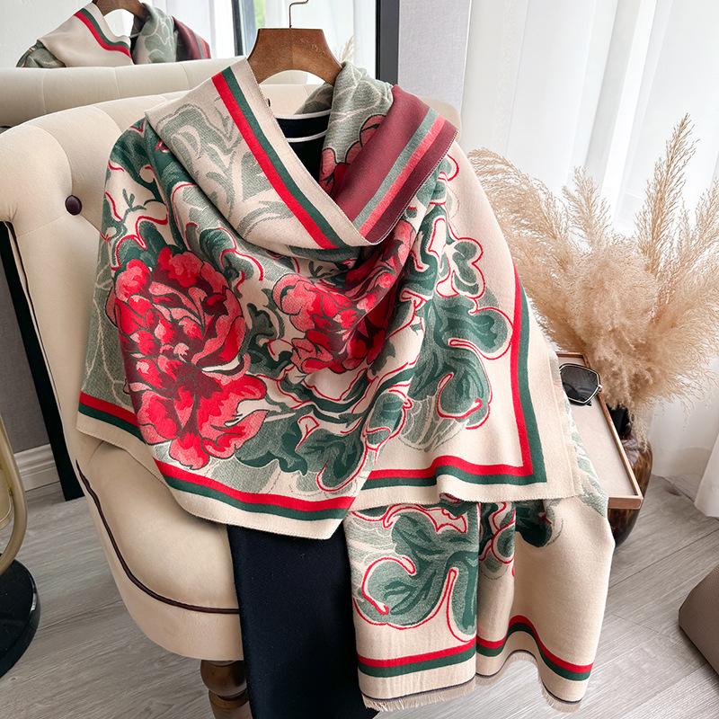 Nytt mode Tryck Kontrasterande färger Höst och Vinter Dubbelsidig Imitationskashmirscarf Vinter Varm Sjal Dam