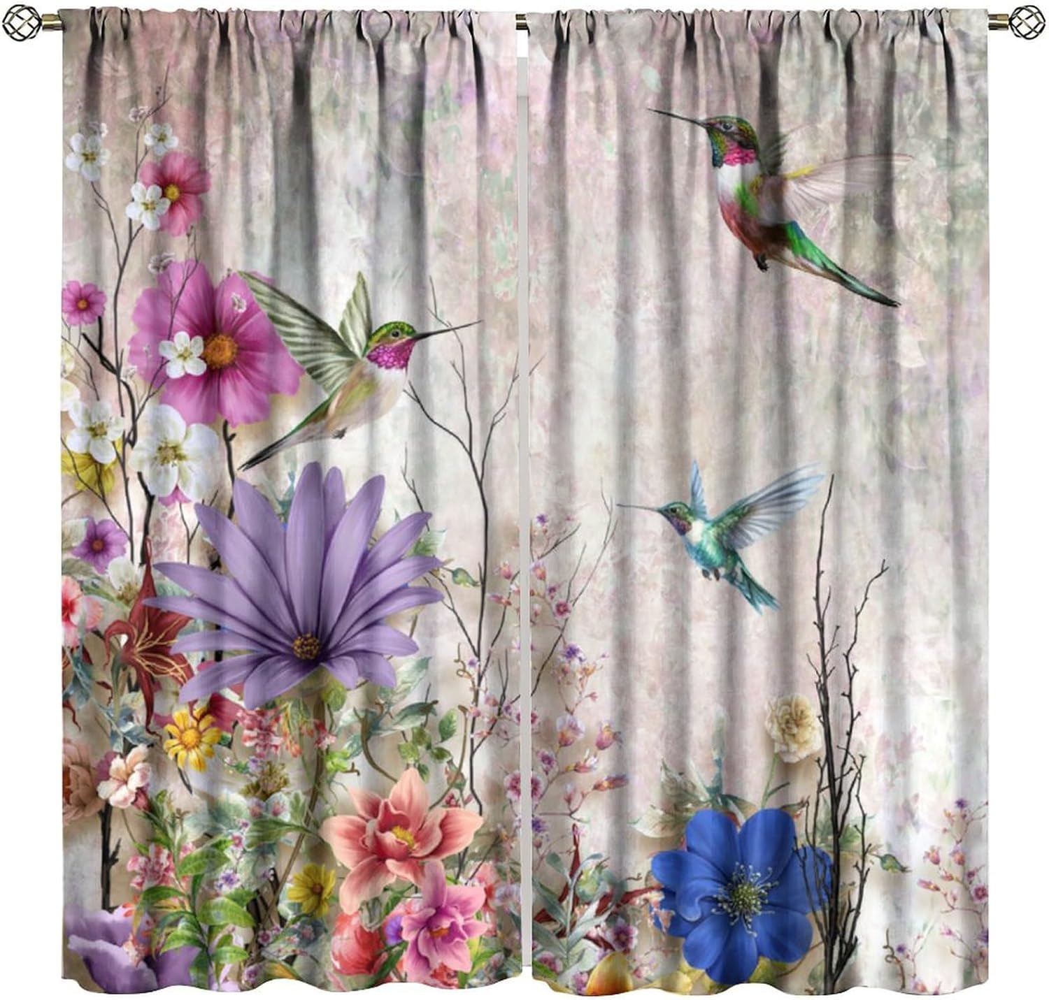 

Hummingbird Flower Watercolor Spring Garden Theme Blue Flowers Butterfly Pattern Printed Curtains Bedroom Made Of Polyester Decor W100*H130(CM)-Grommet top&2PCS