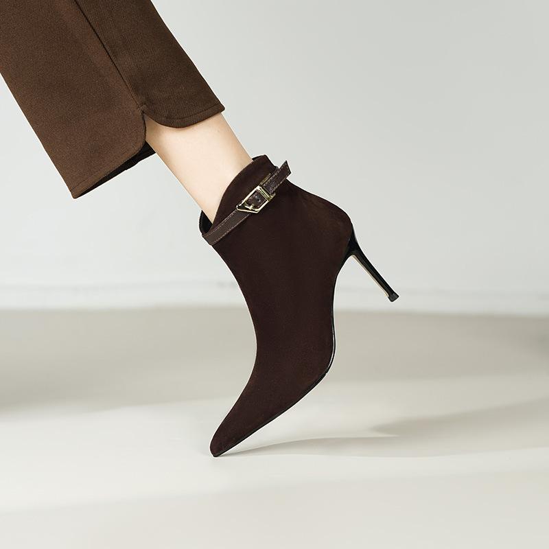 

High Heel Fashion Boots Women s Autumn and Winter Pointed Thin Heel Short Boots Side Zipper Sexy Belt Buckle Women s Boots 39