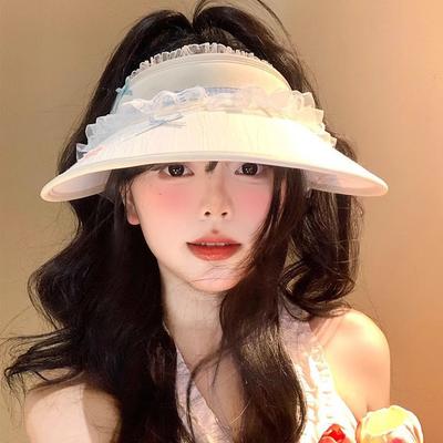 Summer UV Protection Big Brim Sun Hat Foldable Cute Sweet Bow Lace Empty Top Sun Protection Hat