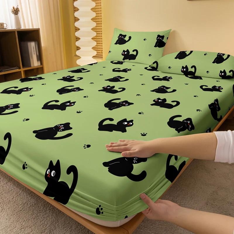 1 Cartoon Cute Animal Cat Printed Matte Fitted Sheet, Bedroom Printed Bed Cover, Bedding (excluding Pillowcases)