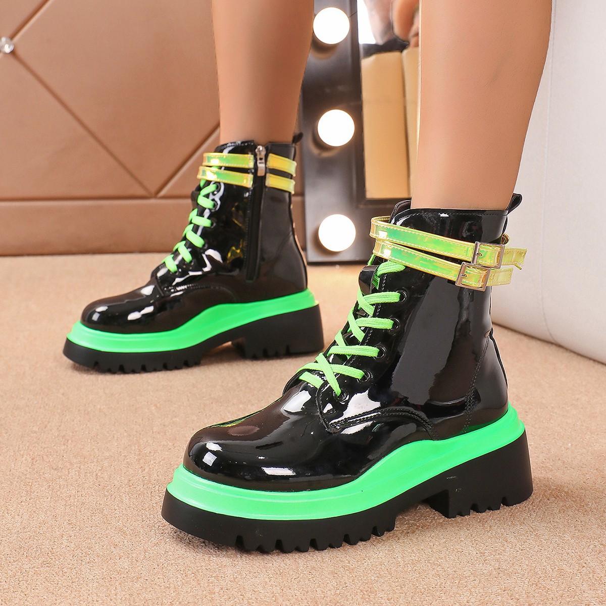 

Европейские и американские яркие кожаные короткие сапоги для женщин 2024 года, новые женские сапоги на толстой подошве в тон среднего каблука с молнией 37 флуоресцентный зеленый